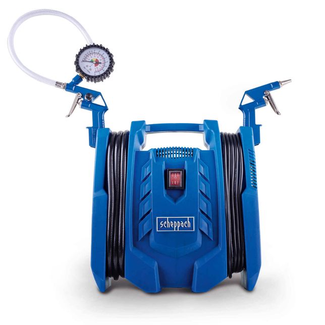 Scheppach portable air compressor with pressure gauge and hose reel.